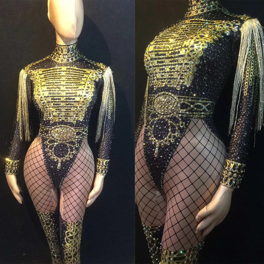 

Shining Sequin Gold Tassel Women Jumpsuits Long Sleeve Dance Body Suits Singer Stage Leotard Rave Festival Drag Queen Costumes