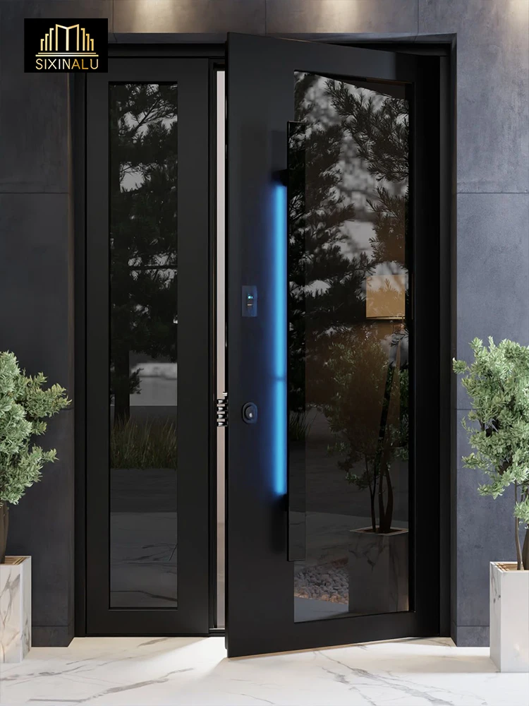

Sixinalu Entrance Door Front Main Casement Exterior Security Entry Pivot Door with Strip Lights Aluminum Door Home Decor Custom