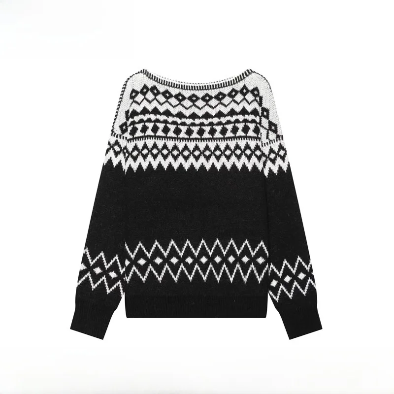 Early Autumn New Arrival Women's Fashion Simple Versatile Color Block Knitted Sweater Polyester Fiber Long Sleeve Geometric P...