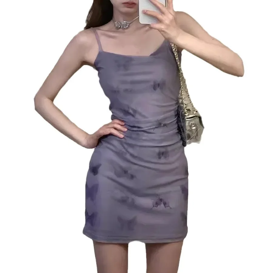 French Purple Floral Print Halter Dress Women's Summer Beach Vacation Short Skirt Beach Style Early Spring New Arrival