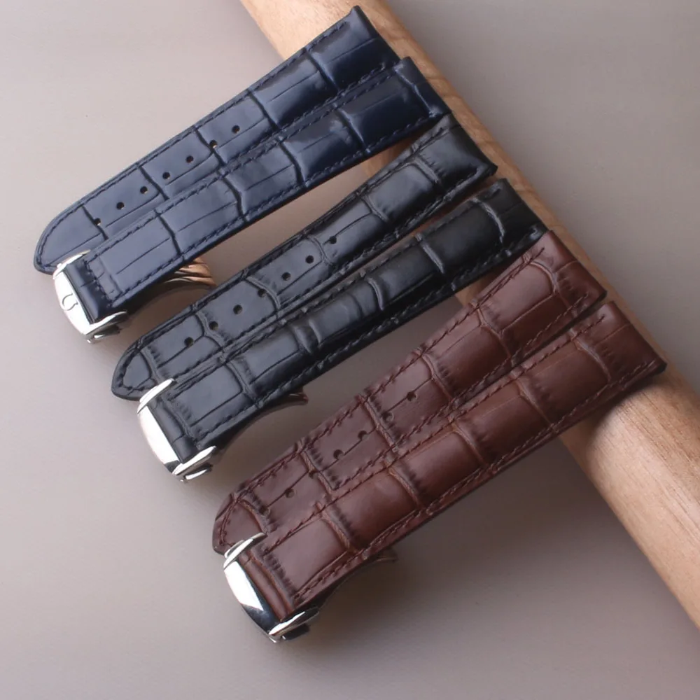 Genuine leather Watch Bands For Omega 18mm 19mm 20mm 22mm  Strap Brand fold buckle deployments Watchbands Blue Black Brown bands