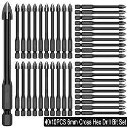 40/10PCS 6mm Cross Hex Drill Bit Set Tile Porcelain Punch Holes Drill Bit for Glass Ceramic Tile Wall Concrete Drilling