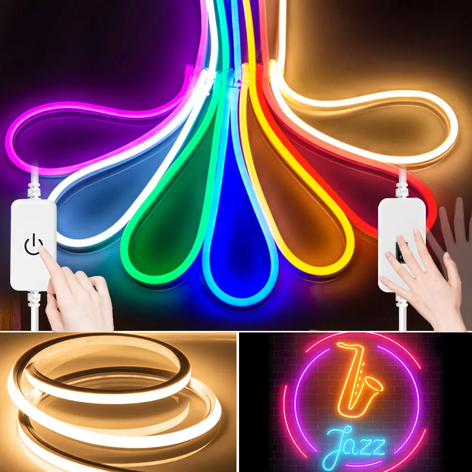 

LED Strip Neon Light 12V EU US Plug Flexible Ribbon Touch Sensor Dimmable Led Neon Tape Waterproof Outdoor Lighting Decoration