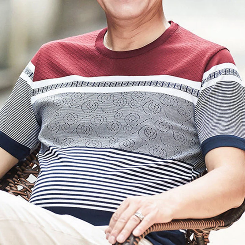 Men T-shirt Summer Round Neck T-shirt Short Sleeve O-Neck Striped Plus Size Loose Pullover Casual Vacation Party Tops