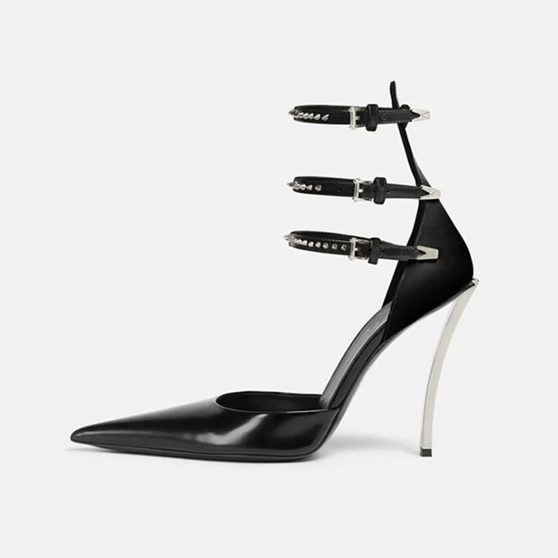 

Arden Furtado 2024 Summer Pointed Toe Metal Super high heel Sexy Rivet Belt buckle High help word-cingulate Sandals