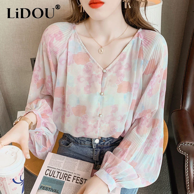 

Spring Autumn V-neck Floral Printing Loose Shirt Female Lantern Long Sleeve Elegant Fashion Pullover Blouse Women's Blusa Top
