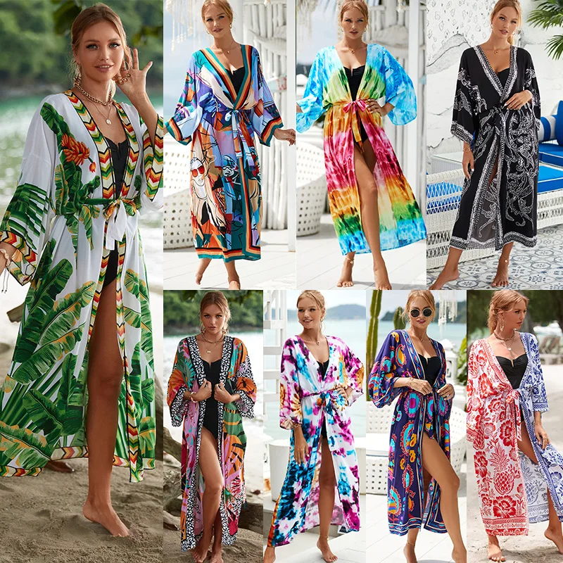 Print Beach Cover Up Cardigan Women Loose Long Open Front Swimsuit Coverup Summer Vacation Kaftan Sun Protection Kimono Cardigan