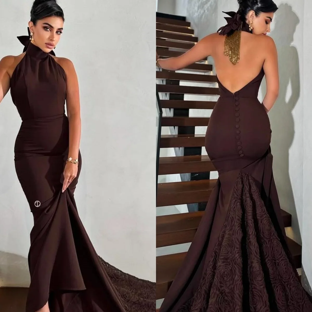 

Customized Exquisite audurn Jersey Evening Dress Delicate High Neckline Sleeveless Open Back Mermaid Special Occasion Gowns