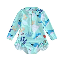 Kids Girls Bikini Long Sleeve Swimsuit Stand Collar Sea Animal Print Swimwear for Summer Beach