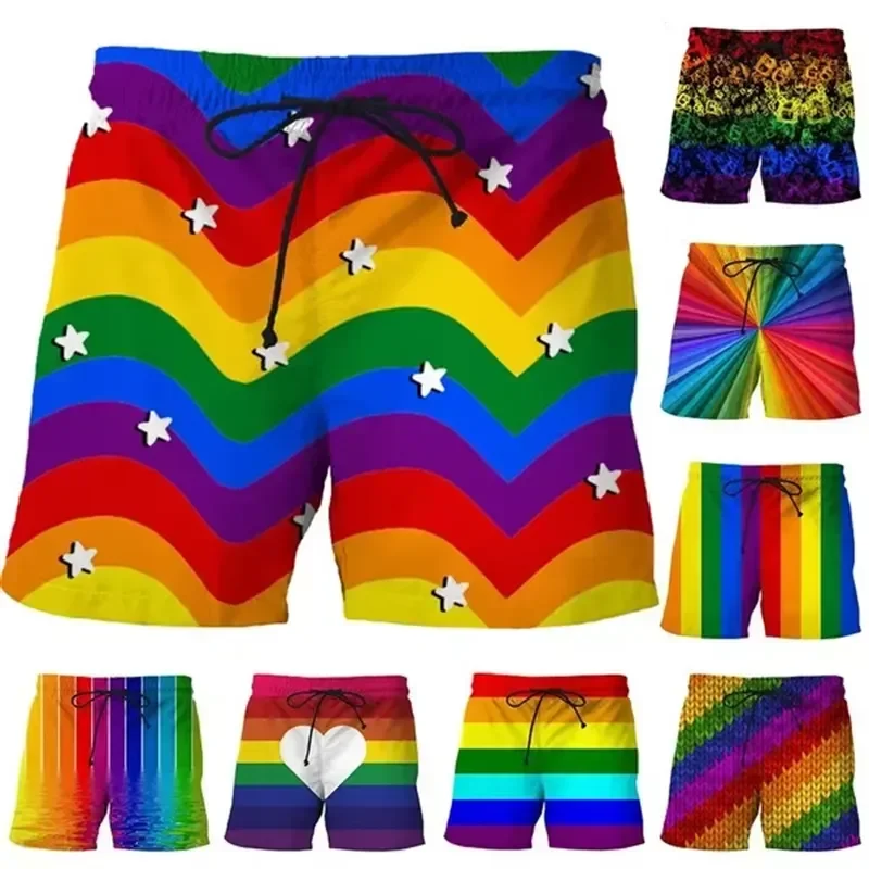Shorts Comfortable Breathable Casual 2026 New 3D Printed LGBT Rainbow Shorts Men Streetwear Colorful Beach Swim Trunks Summer
