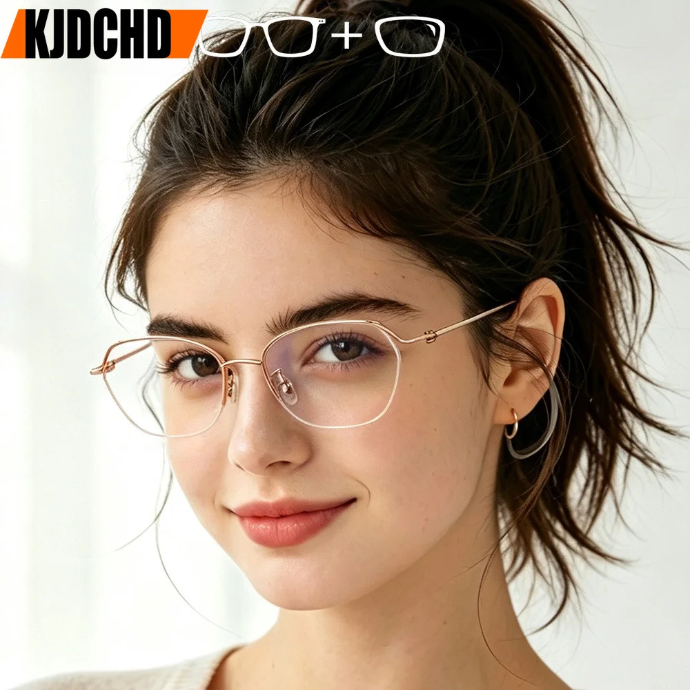 Ultra-light TItanium Half-frame Hyperopia Photochromic Prescription Glasses Women Anti Blue Ray Myopia Astigmatism Eyewear