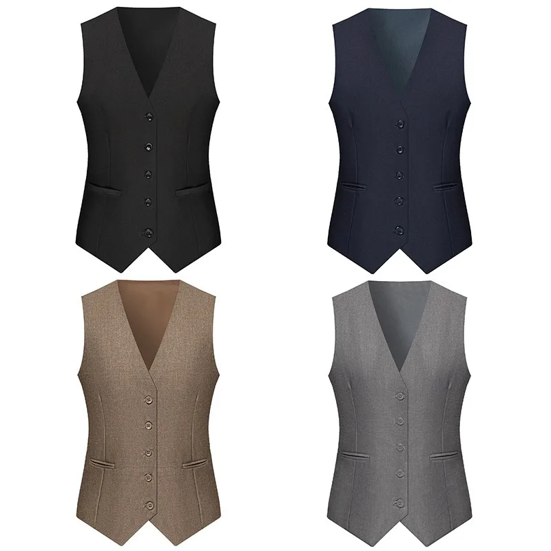 KIDWHXR Men 2-piece Set British Style Single-breasted V-neck Vest Man Straight-leg Pant Male Slim Wedding Office Casual Outfit