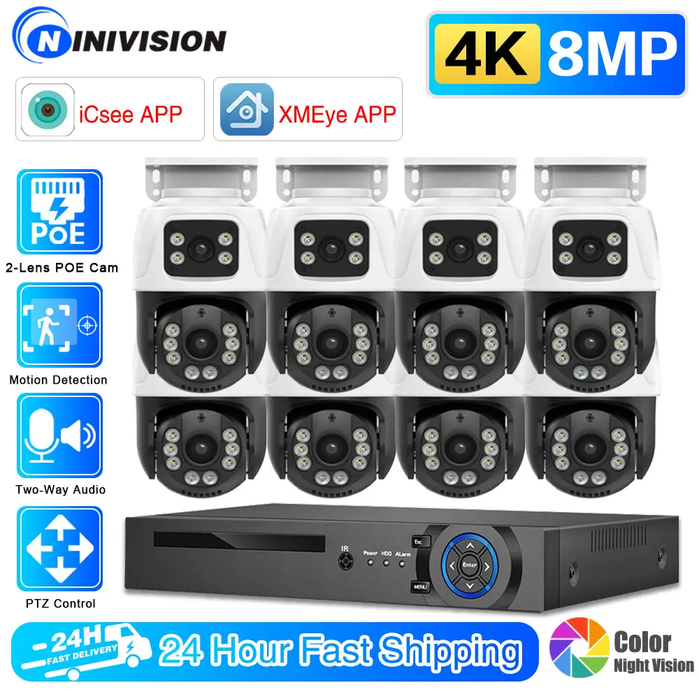 4K Dual-Lens POE PTZ Outdoor Security Camera System with 10CH NVR Kit 8MP Two-Way Audio Night Vision Wide Coverage (ICsee/XMeye)