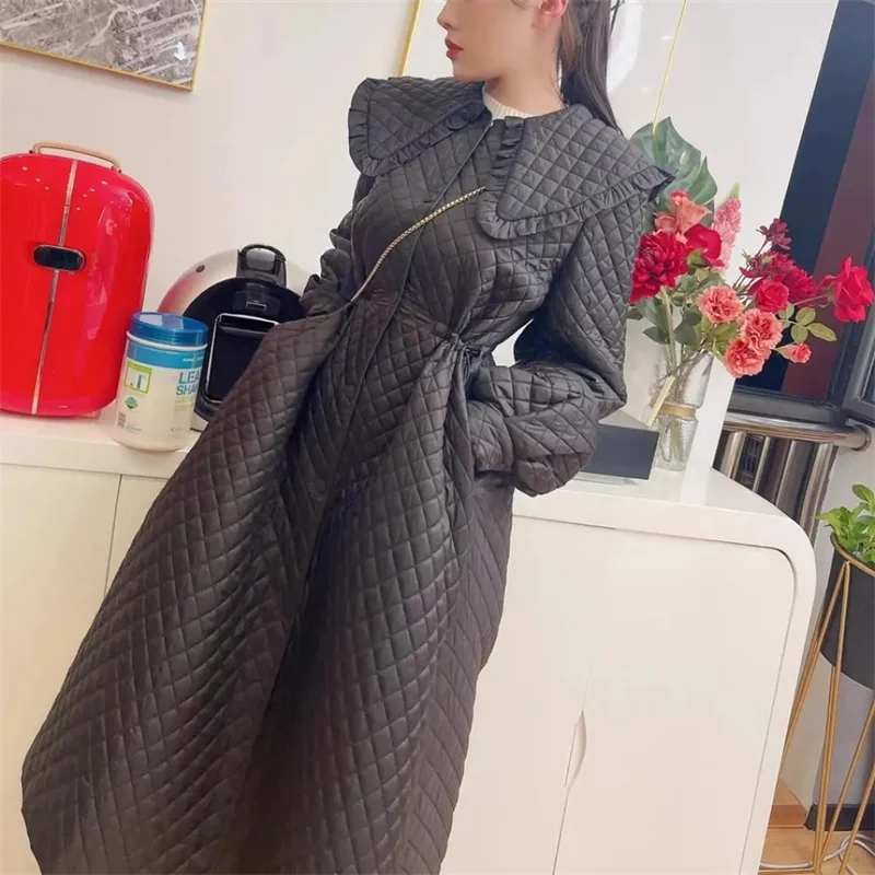 Diamond Plaid Temperament Cotton Coat Cotton Coat Women\'s 2023 Mid length Winter Loose Simple Slim and Thickened Coat Commuting