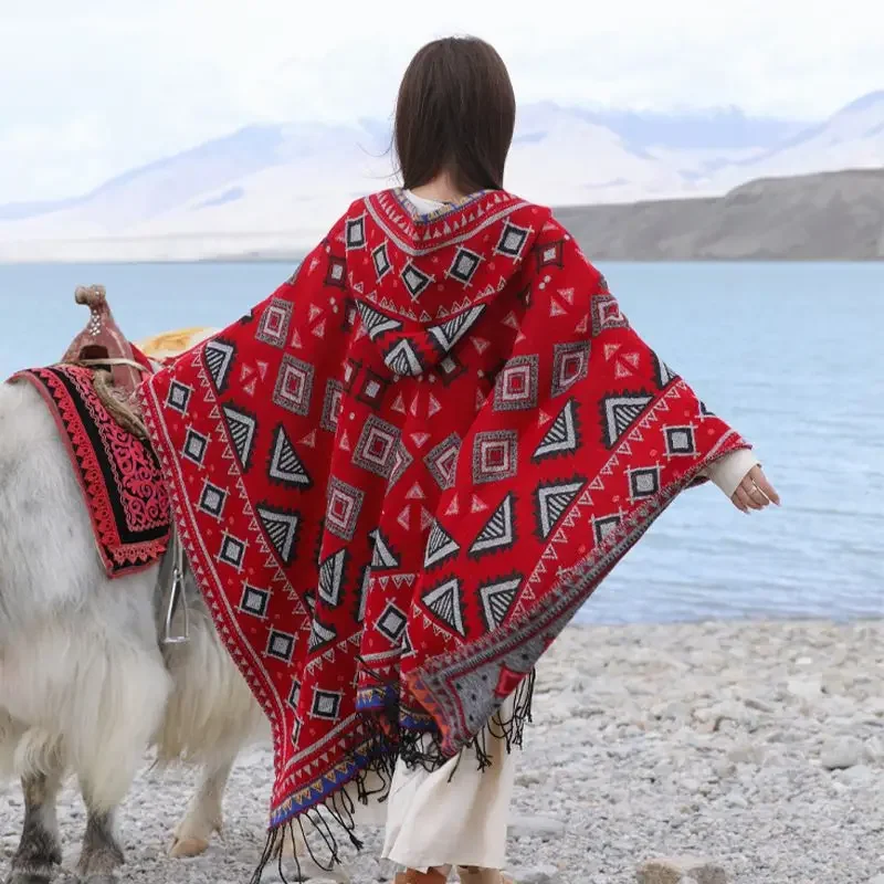 الرجعية العرقية نمط مقنعين عباءة شال ملابس خارجية دافئة للسفر التصوير مطابقة الملابس شمال غرب شينجيانغ التبت الكبير