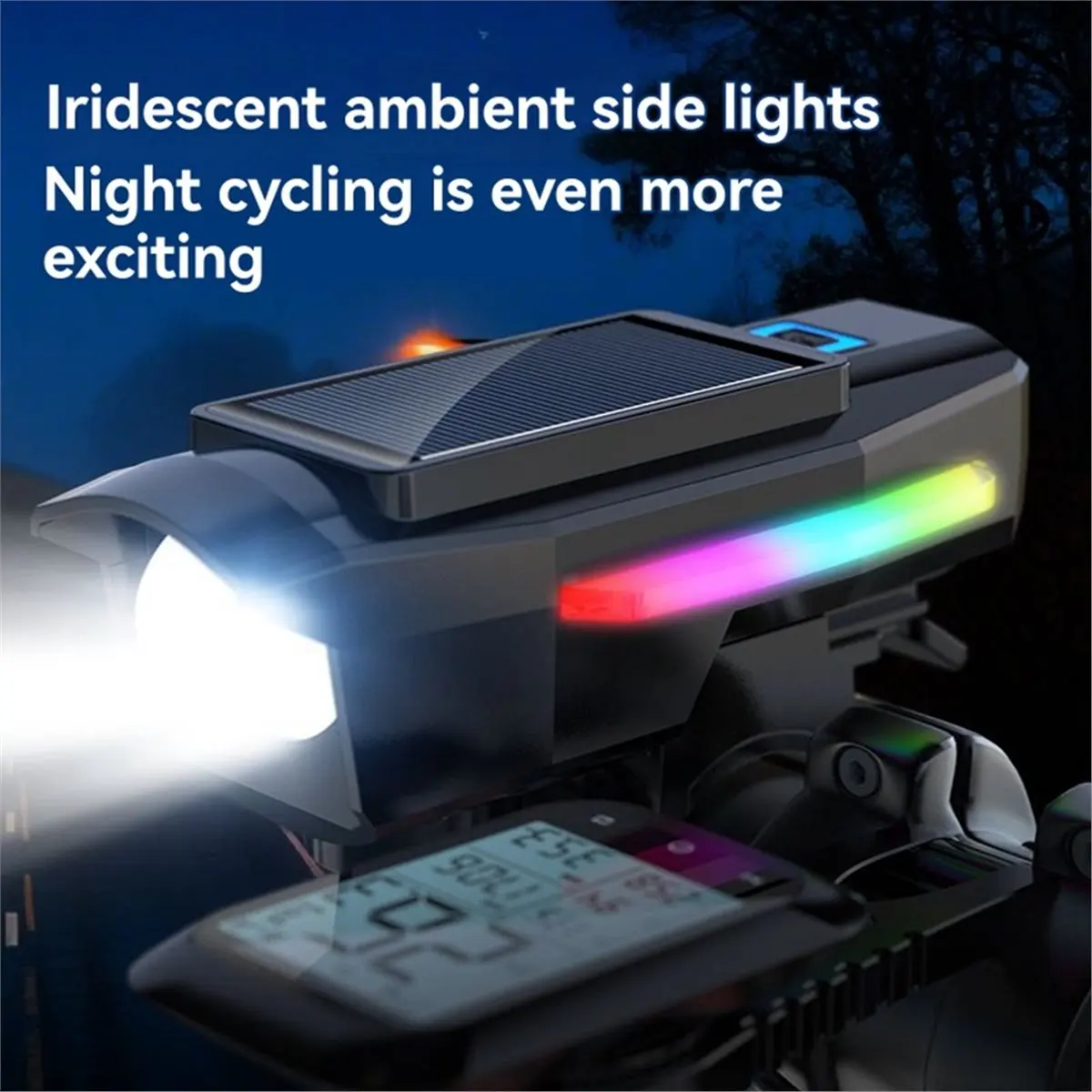 Farol solar de bicicleta recarregável USB luz frontal solar com buzina acessórios de bicicleta à prova d'água