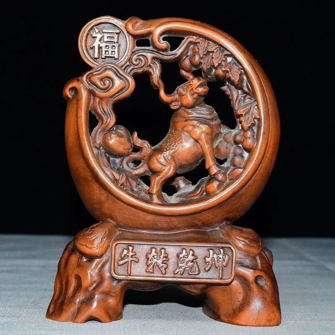 Hand Carved Wood Good luck bull ox Statue Figurine Desktop Ornaments Home Decoration