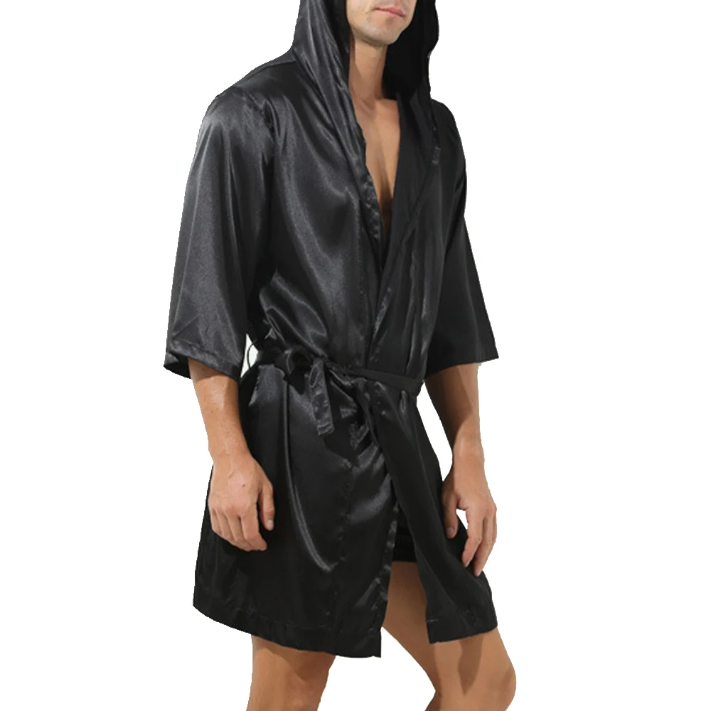 Men's Hooded Loose Satin Silk Bathrobe Pajamas Sleepwear Large Size Lace Up Nightgown Nightwear Long Sleeve Bath Robe Nightwear