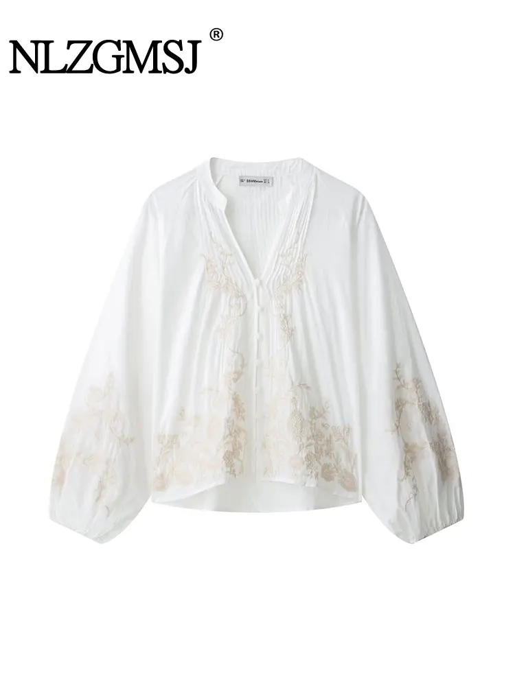 

NLZGMSJ 2025 Summer Women's Flower Embroidery Blouses Fashion Shirt Loose Casual Blouse Long Sleeve Woman Tops