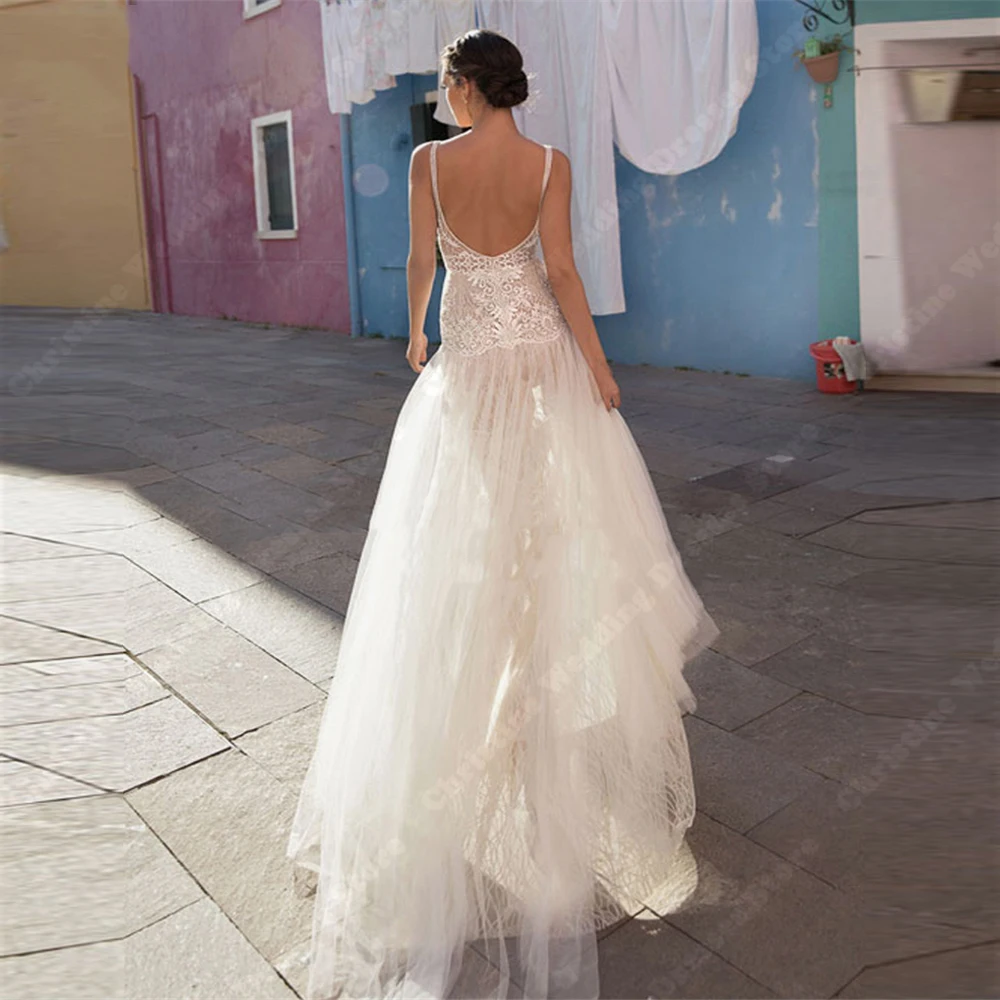 High-Quality Tulle Women Bridal Gowns Sexy Deep-V Sleeveless A-Line Mopping Length Wedding Dresses Formal Sweet Beach Party Robe