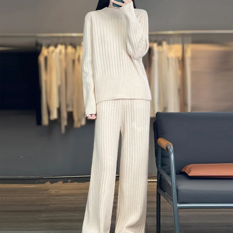 Women's Wool Sweater Set Mock Neck Pullover Striped Wide-leg Pants 100% Merino Wool Knitwear Autumn Winter Thick Loose Clothing