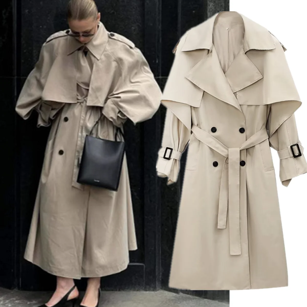 

Dave&Di Woman Clothing Minimalist Khaki Trench Coat British Elegant Retro Double Breasted Loose Overcoat Windbreaker Women' Jack