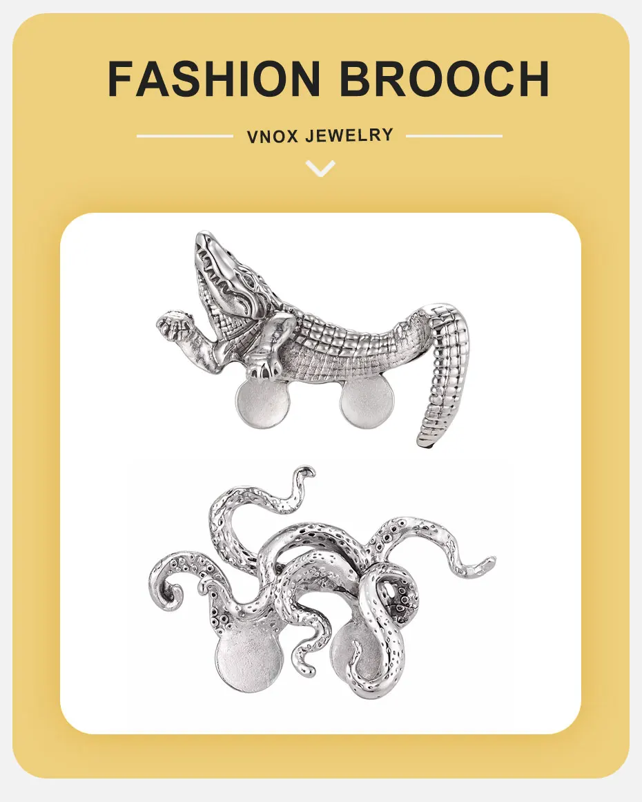 Vnox Exquisite Kreative Krokodil-Tiger-Oktopus-Tier-Taschenbrosche für Herren, Retro-Gentleman-Anzug-Accessoire, Schmuckgeschenk – Detail 1