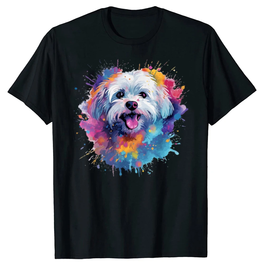 Funny Colorful Maltese Splash Art Dog T Shirts Summer Graphic Cotton Streetwear Short Sleeve Birthday Gifts T-shirt Men