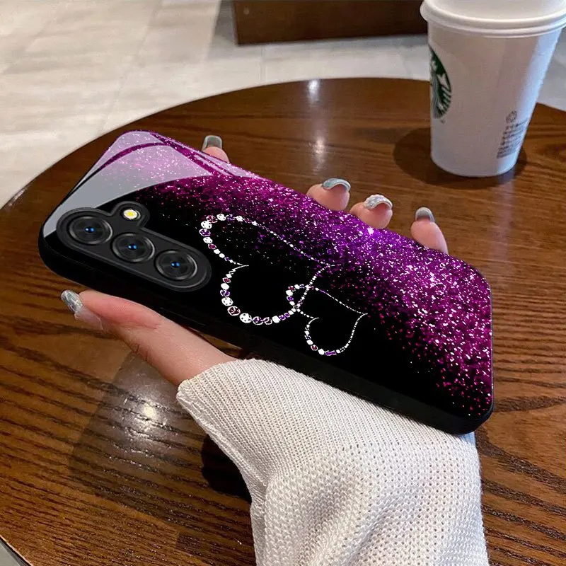 Fashion sequin double heart pattern glass phone case suitable for Samsung Galaxy S26 S25 S24 S22 S21 S20 FE/Ultra/Plus hard case