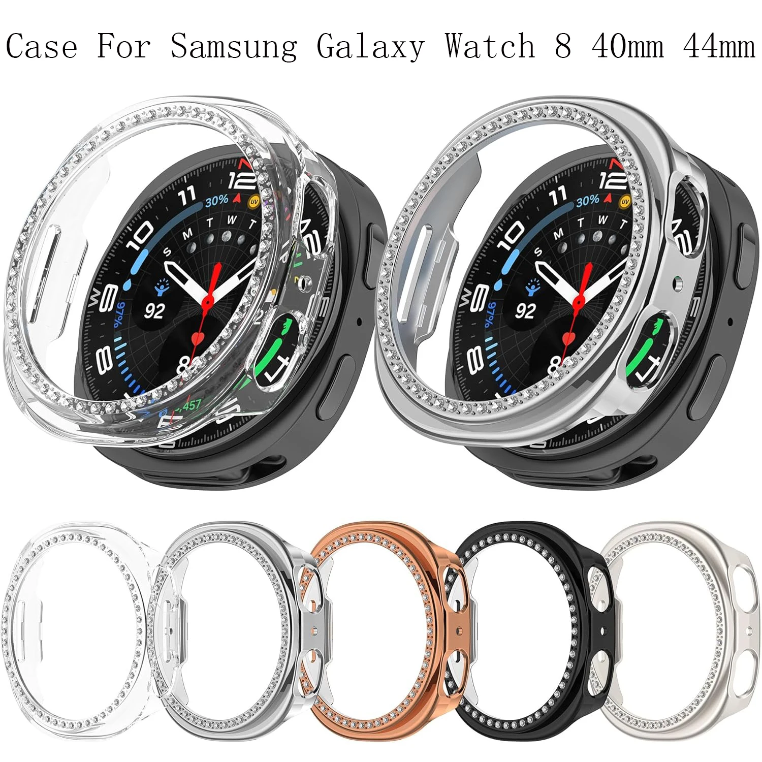 Bling Diamond Protector Case For Samsung Galaxy Watch 8 40mm 44mm Single Row Rhinestone Bumper Hard PC Cover No Screen Protector
