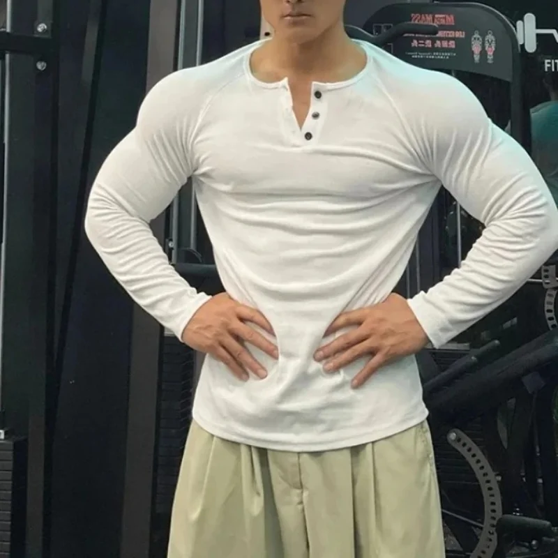 

Men Sports High-Elastic Fitness Long Sleeve T-Shirt 2026 Autumn New Slim Fit Henley Collar Tshirt Men Streetwear Casual T-Shirt