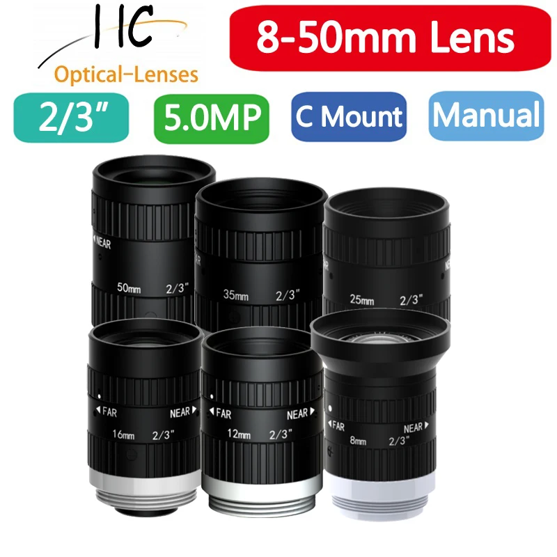 

Объектив 5 Мп с-образным креплением, 8 мм, 12 мм, 16 мм, 25 мм, 35 мм, 50 мм, HD объектив 2/3 дюйма, линзы с автоматическим зрением FA для промышленной камеры с ручной диафрагмой и низким искажением