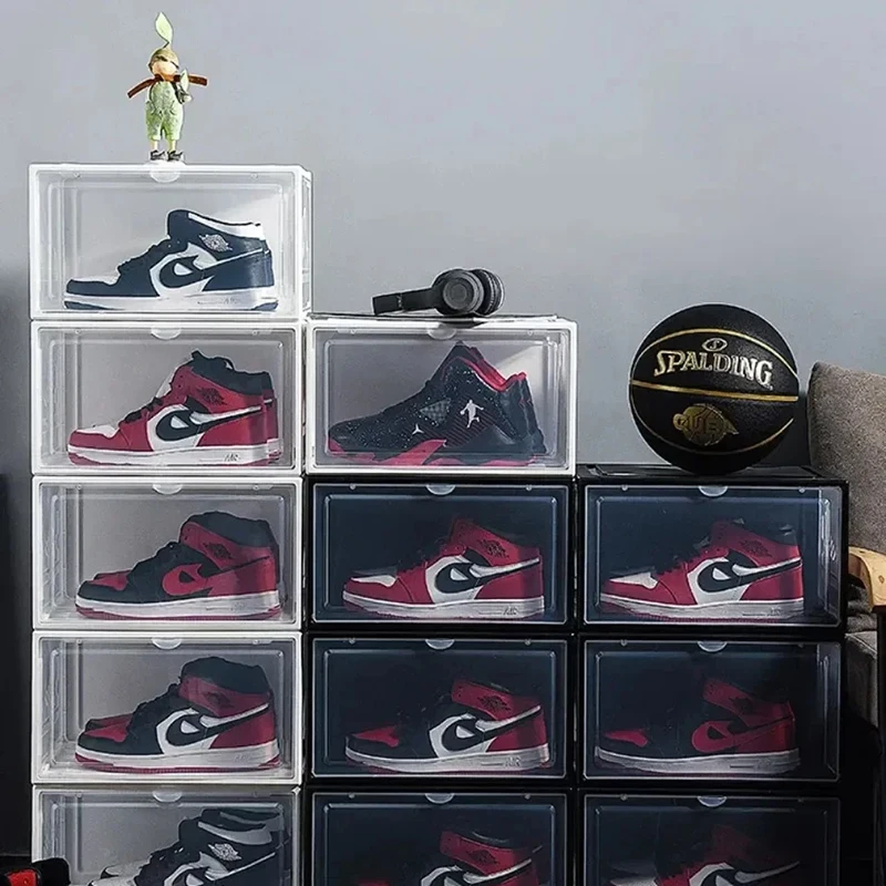 3PCS Sneakers Box Transparent High-top Dustproof AJ Shoes Organizers Stackable Handle Storage Basketball Shoes Rack Cabinet