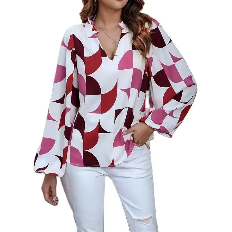 

Women Geometric Print Colorblocking Shirt Fashion V Neck Pullover Lantern Long Sleeve Blouse Autumn Female Commuter Casual Tops