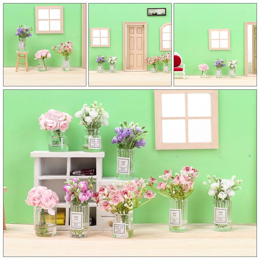 Kunstleder Puppenhaus Blumenvase Puppe Zubehör rosa Rose weiß Jasmin Mini Blumen arrangement Miniatur Modell Möbel Geschenk