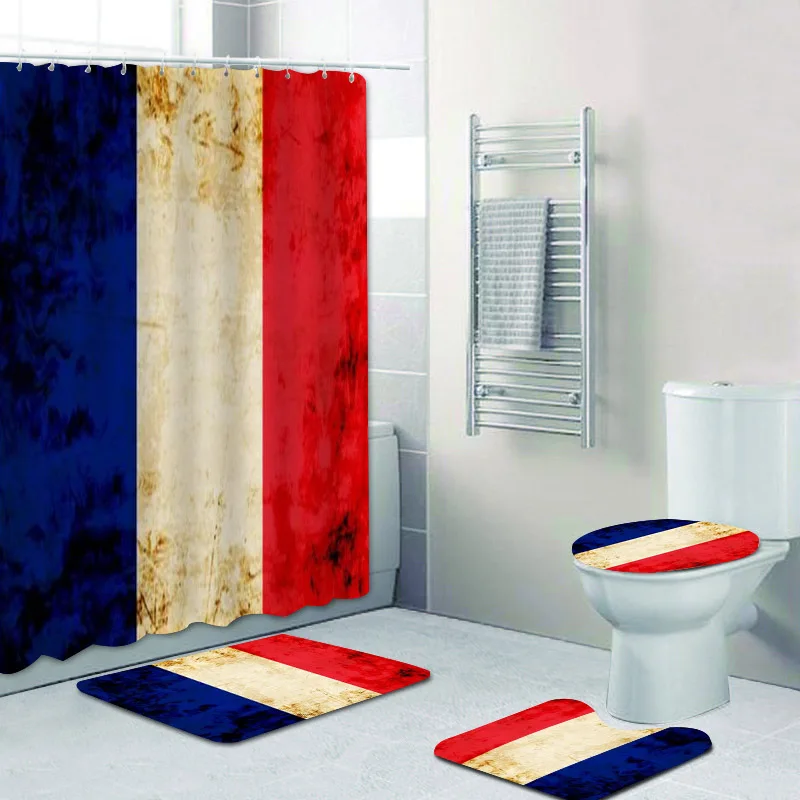 Vintage Grunge French France Flag Bathroom Shower Curtain Set for Bathroom Mat Rug Patriotic Toilet Cover Accessories Home Decor