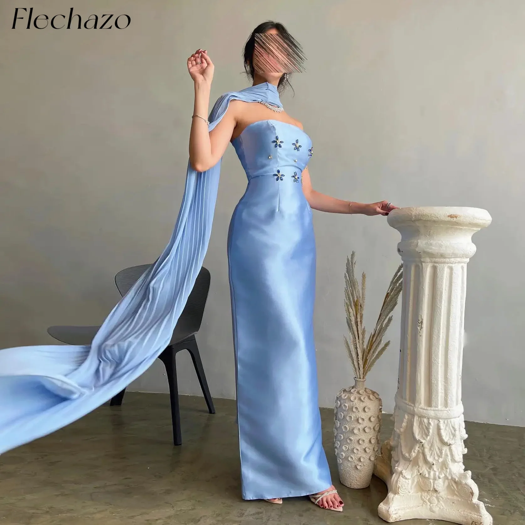 

Flechazo Blue Satin Evening Dresses Strapless Beads Straight Elegant Formal Occasion Dress For Women 2024 vestidos para mujer