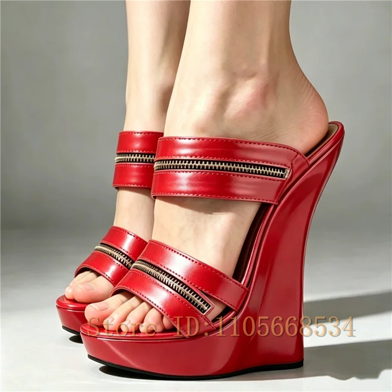 Women Super High Wedges Mules Sandals Zipper Decor Platfporm Open Toe Slide Slippers Sexy Pole Dancing Night Club Fashion Shoes