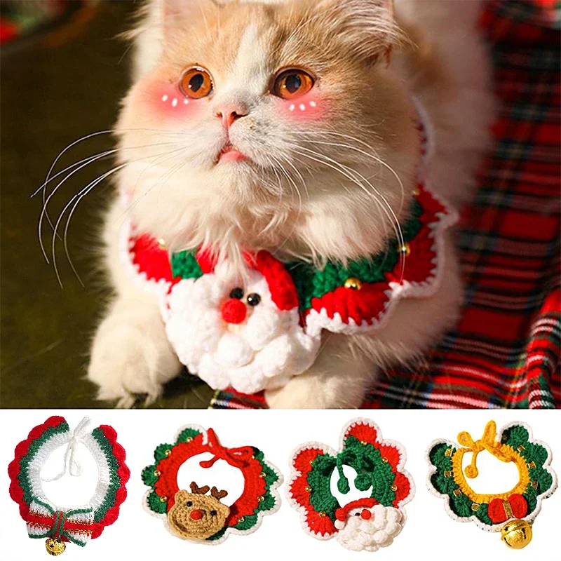 Pet Knitted Collar Bibs Woven Santa Claus Bowknot Bell Cat Dog Scarf Collar Adjustable Necklace Cute Bib Accessories Pet Supplie