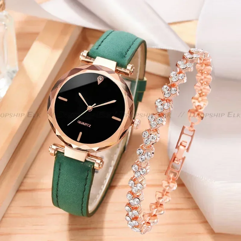 Conjunto de 2 uds de reloj de lujo para mujer, pulsera con diamantes de imitación, reloj de pulsera a la moda, relojes informales para mujer, conjunto de pulsera