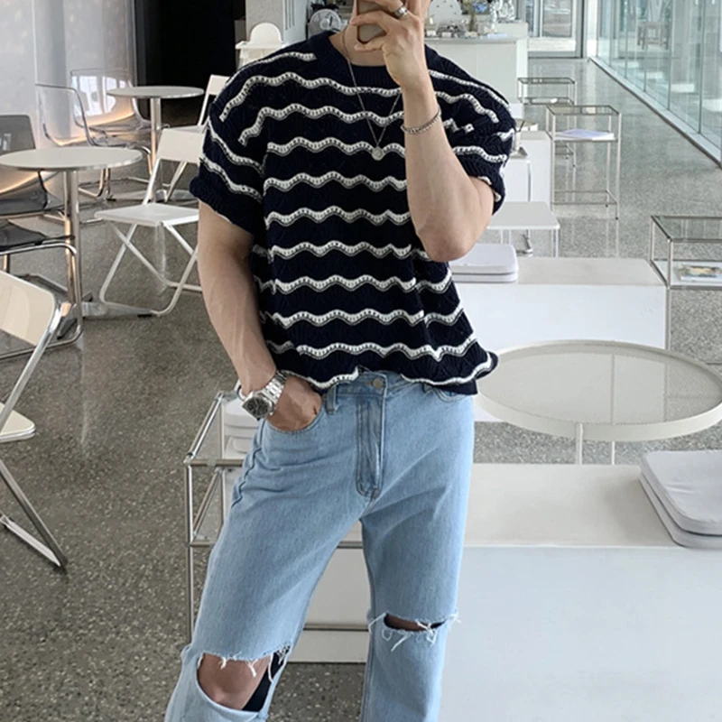 Trendy Striped Jacquard Mens T Shirts Knitted O Neck Short Sleeve Hollow Out Knit T-shirts Summer Fashion Slim Men Knitted Tees