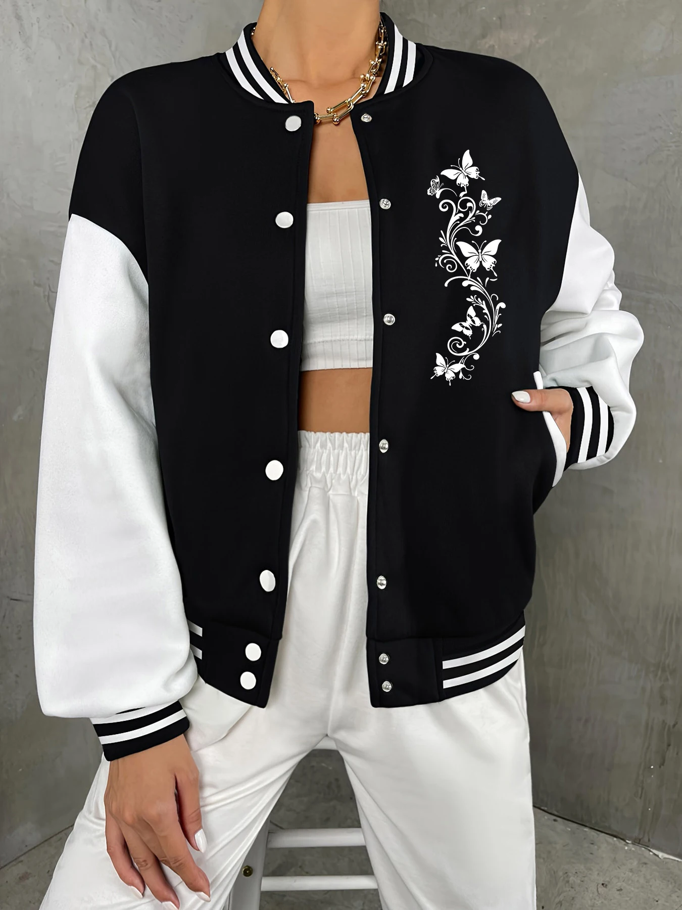 

Layered Butterfly Vine Casual Coat Female Baseball Jacket Fashion Hip-Hop Streetwear Loose Fleece Warm Sportswear Winter Clothes