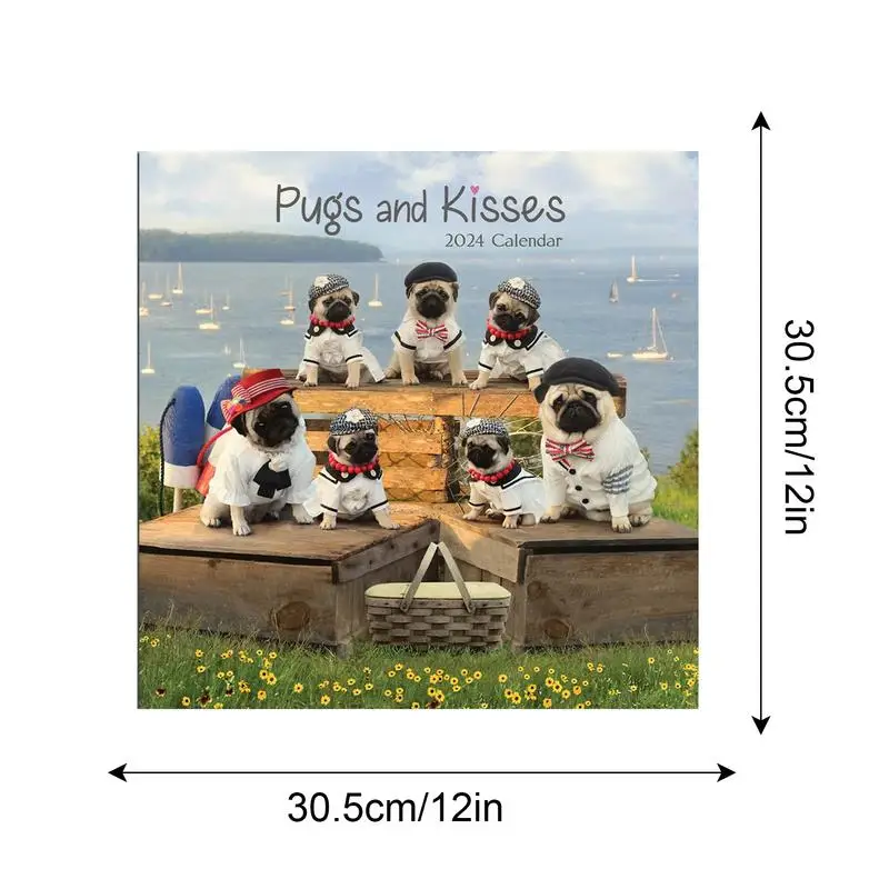 สุนัขปฏิทิน 2024 Puppies Pugs Wall รายเดือนแขวนปฏิทินน่ารัก Pug ภาพสัตว์ปฏิทิน Family Planner & Daily Organizer