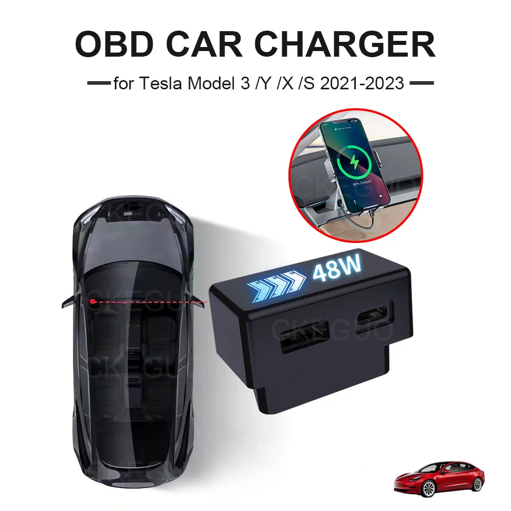 Car OBD Fast Charger for Tesla Model 3 Y X S Mobile Phone Charging Adapter OBD2 Splitter USB and Type-C Dual Port Plug Head