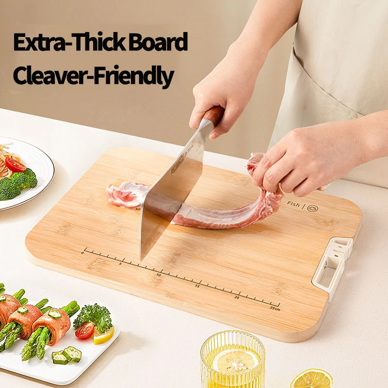

Bamboo Cutting Board with Sharpener & Scale Double Sided Standable Antibacterial Chopping Block Non Slip Easy Clean Kitchen Tray