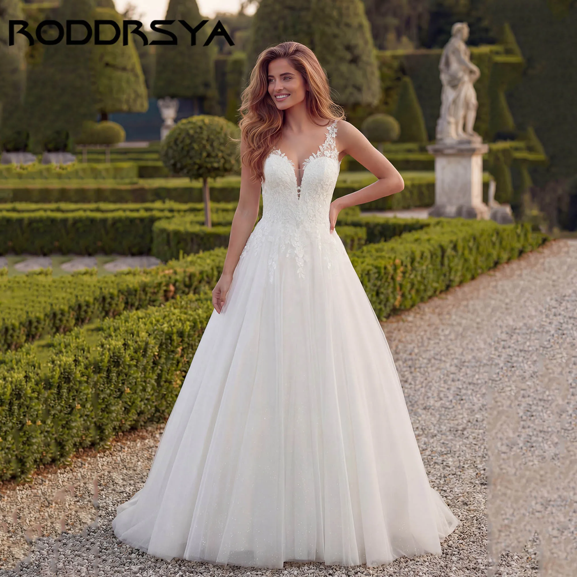 

RODDRSY Elegant Sleeveless Appliques Wedding Dress V-neck V-back A-line Bridal Gowns Classic Tulle vestidos de novia Customized