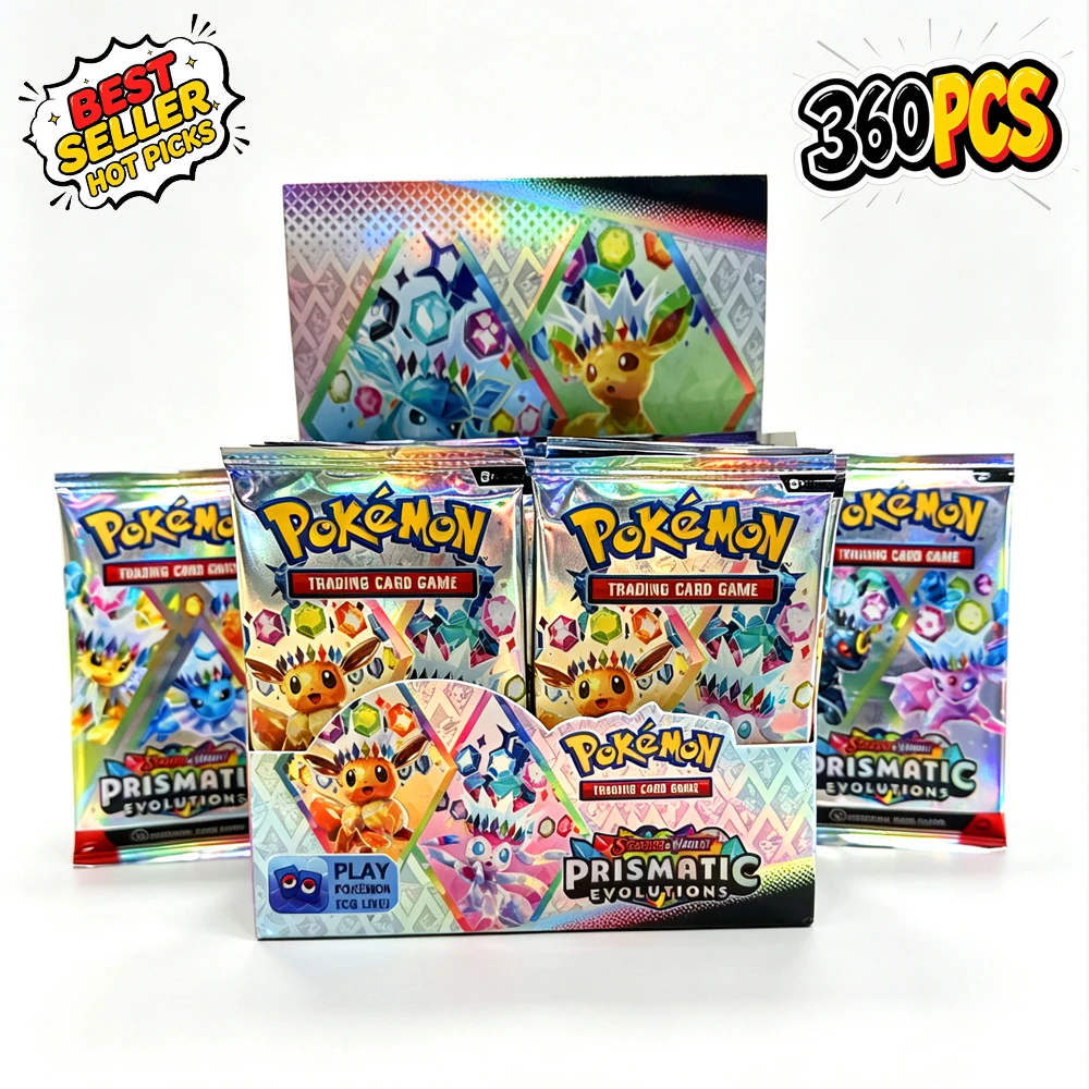 NOUVELLE boîte de jeu de cartes à collectionner Pokémon 360PC en anglais, Eevee Prismatic Evolutions, Rivals, cartes rares Black Bolt pour les fans à collectionner, à battre et à échanger