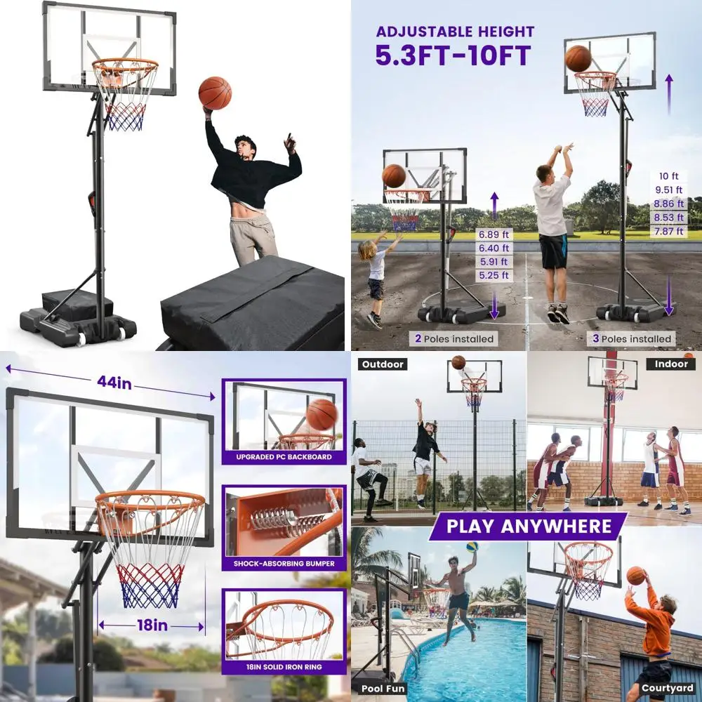 

Портативная система баскетбольного кольца с регулируемой высотой 5,3-10 футов, 43, плата ПК для детей и взрослых, идеально подходит для уличных площадок