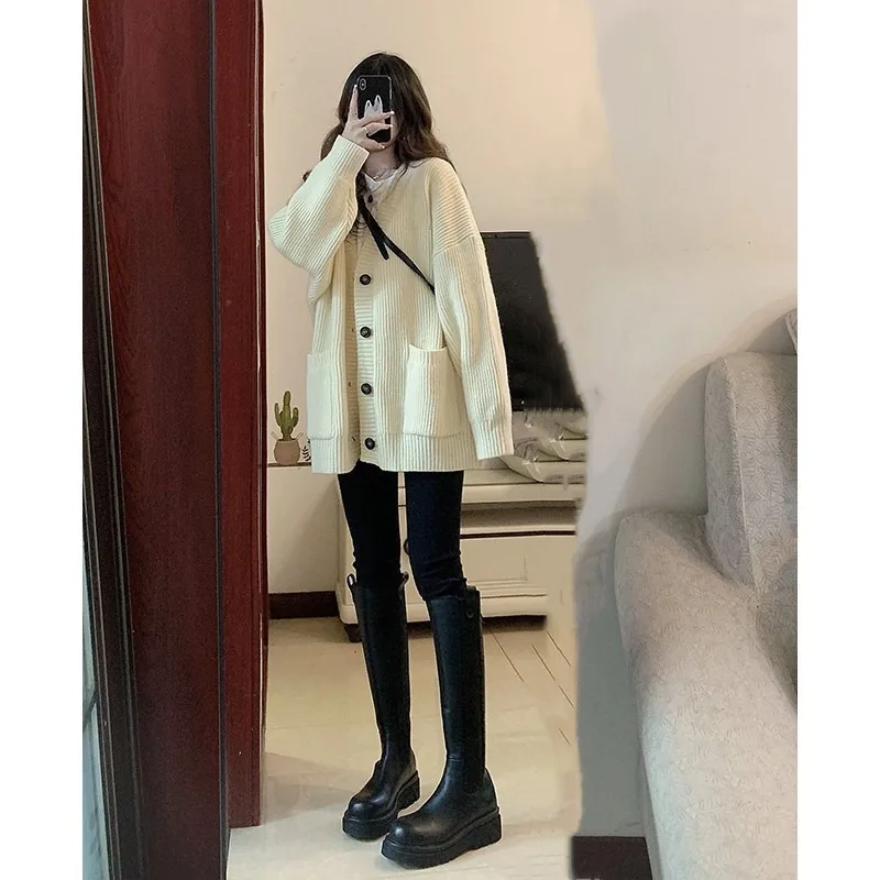 Autumn Women Cardigan Sweater Coats Fashion Female Long Sleeve V-neck Loose Knitted Jackets Casual Sweater Cardigans NS5909