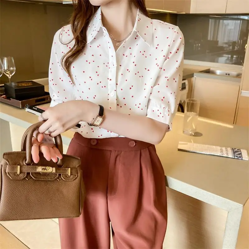 Summer Woman Clothes Chic French Romantic Style Sweet Heart Floral Elegant Polo-neck Youth Bright Lively Office Lady Fashionable